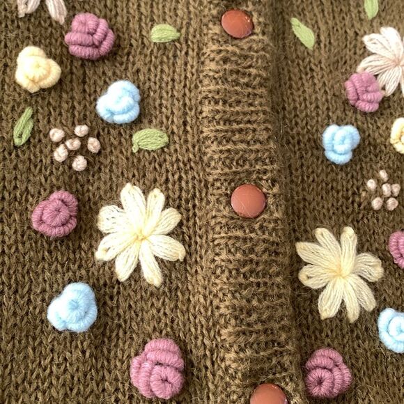 Vintage Cervelle Embroidered Wool Blend Button Up Cardigan Cottagecore Olive XL - Picture 8 of 13